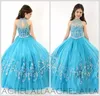 2022 Girls Pageant Dresses New Sheer High Neck Tulle Blue Rhinestone Crystal Beads Glitz Ball Gown Long Flower Girls Gowns