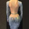 Robe en maille de cristaux d'usure de scène strass Sexy voir à travers la soirée de danse extensible célébrer le Costume de franges 2022Stage