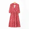 Robes décontractées Femmes enveloppe imprimée florale Mid-Calf Retro V-Neck Spring Summer Loose Female Robe 2022