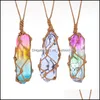 Pendant Necklaces Healing Crystal Column Dyed Natural Stone Pillar Weave Net Bag Charms Green Pink Rope Chai Mjfashion Dhmeb