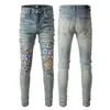 Män Designer Skinny Rip Denim Jeans för Man Slim Svart Biker Paint Splatter Jeans Raka Hip Hop Stretch Distressed Motorcykel Patch Rock Fit med Hole Byxor