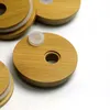 공장 대나무 컵 뚜껑 70mm 65mm 재사용 가능한 나무 메이슨 항아리 뚜껑과 밀짚 구멍 및 실리콘 밀짚 밸브 DHL 무료 배송