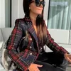 B789 Kadın Takım Elbise Blazer Premium Yeni Stil En Kaliteli Orijinal Tasarım Kadın Klasik Kruvaze Metal Toka Blazer Kareli Dokulu Ekose İnce Ceket Kaban