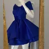 파티 드레스 짧은 로얄 블루 새틴 무도회 어깨 소매 주름 주름 층 층 미니 칵테일 가운 스파티