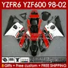 Kroppsram för Yamaha YZF-600 YZF R6 R 6 600cc YZFR6 1998 1999 00 01 02 BOODYWORK 145NO.10 YZF 600 CC COWLING YZF-R6 98-02 YZF600 98 99 2000 2001 2002 FAIRING KIT RÖD VIT BLK