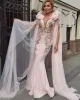 Light Pink Mermaid Evening Dresses Designer 2022 Satin Sleeveless Plunging V Neck Custom Made Plus Size Formal Ocn Wear Arabic Lace Applique Prom Gown Vestidos 401