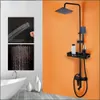 Grifo de ducha de lluvia montada en la pared negra mate con estante de almacenamiento baño de baño de baño grifos de ducha mezclador combo combo combo