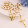 Collier de perles blanches, chapelet en or, chaîne de perles, collier religieux de jésus, croix pour femmes, 6mm, prix promotionnel SY222