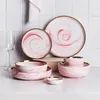 Dinware sets 14 stks roze/grijs marmeren keramische set rijst salade noedels kom soep lading borden schotel keuken servies