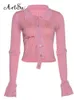 Artsu Cute Pink Kinited Cropped Women Y2k Increspato Crop Manica lunga Canotta Top Winter Party Club Vintage 220805