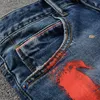 メンズジーンズメンズストリートウェアファッションメンレトロブルーエラスティックスリムフィット破壊された破れた塗装デザイナーヒップホップデニムパンク