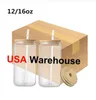 US STOCK 16 oz Sublimation Glass Beer Mugs with Bamboo Lid Straw Tumblers 16oz DIY Blanks Frosted Clear Can Cups Heat Transfer Iced Coffee Whiskey Glasses