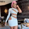 Kliou Sexy Czarowna Mini Dress Kobiety Sheath Cut Off Hollow Out Cleavage Pojedynczy Side Divonal Collar Party Clubwear 220317