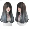 7JHH Blue Wavy Synthetic Wigs Long Omber Corche Hair With Bangs For Women Heat-Resistant African American Daily Wear Full Wigfactory direct