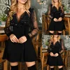 Dames casual jurken mesh patchwork sexy jurk sexy v-hals effen kleur eenstaps rok socket perspectief lange mouw onregelmatige zoom pailletten versieren een stuk