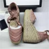 Üst Tasarımcı Sandalet Kadın Kama Platformu Sandal Espadrille Ayakkabı Gerçek Deri Ayak Bileği Dantel Up Slaytlar Espadrille Ladies Yüksek Topuk