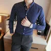 남자 캐주얼 셔츠 슬림 피트 스트라이프 긴 소매 공식 드레스 셔츠 남성 의류 캐미사