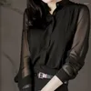 Camicette da donna Camicie da donna a maniche lunghe La versione coreana estiva era sottile nera Colletto rialzato Prospettiva in chiffon Camicette sexyDa donna