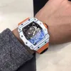 Uxury Watch Data Business Rekrutura z włókna węglowego Automatyczna mechaniczna zegarek mechaniczny Czarna duża tarcza wydrążona na taśmę Modna moda