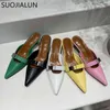 Suojialun Spring New Brand Women Slipper Fashion Buckle Pointed Toe Slip On Mules Shoes Thin Low Heel Ladies Dress Sandal 220509