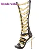 Kettingbanden uitsnijdingen knie hoge sandalen laarzen open teen stiletto hoge hak rug rits sandalen goud zwart zomer feestjurk schoen 220514