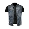 Herrvästar motorcykelcyklist denim väst vintage blå broderi zippers fickor ärmlösa jackor punk cowboy mode wasitcoat m-6xl stra2