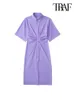 Traf Women Fashion Draped Midi Shirt Dress Vintage krótkie guziki na guziki żeńskie sukienki Vestidos Mjer 220527