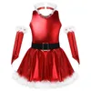 Girl's Dresses Kids Girls Ballet Leotards Outfit Christmas Costume Sleeveless Open Back Sequined Figur Skating Tutu Santa Dance Sleeve