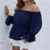 女性用プラスサイズTシャツ2022春の女性オフショルダーセクシーなトップスフレア長袖カジュアルパッチワークTシャツ女性ソリッドプルオーバー服