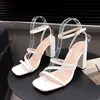 Fashion Brand Summer Ladies White High Heel Sandals Simple Sandals Women Square Toe Thin Belt Women Sandals Womens G220425