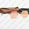 Óculos de sol femininos masculinos fashion octogonal óculos de sol planos de metal lentes de proteção uv com estojo de couro e qr code