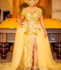 Yellow One Lace Evening Dresses Mermaid African Long Prom Gowns Split Front Off Shoulder Modest Mother Of The Bride Dress Plus Size