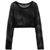 Womens Summer Sexy See Through Mesh Long Sleeve T-Shirt het Hollow Out Fishnet Bikini Cover Up Pullover Loose Crew Neckline 220516