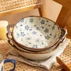 7.5inch Japanese Household Noodle Bowl Ceramic Soup Bowl With Handle Salad Pasta Bowl Kitchen Tableware Microwave Oven Bakware 220408