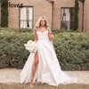 Blanc Satin A Line Robes de mari￩e sexy High Split Boho Garden Garden Bridal Cl0310