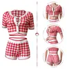 2022 Sommardesigner Kvinnor Plaid Tracksuits Två bitar Byxor Ställ ut Tryckt Breasted Open Navel Cardigan Short Sleeve Shorts Set