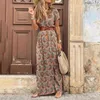 Zomer boho lange jurk vintage paisley print v nek korte mouw strand maxi jurk dames elegant feest gewaad split jurk g220510