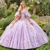 Lilac Handmade Flowers Ball Gown Quinceanera Dresses Off The Shoulder Appliques Lace Vestido De 15 Anos Corset Sweet 16 Dress For Junior Girls 2022