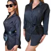 Robe chemise imprimée à manches longues pour femmes, chemisier noir à simple boutonnage, Mini robe d'été, J2671