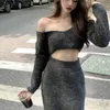 Work Dresses Autumn Winter Knitted Suits Women Two Piece Set Slim Sweater Sexy Crop Top Bodycon Long Skirt Ropa Mujer Ensemble FemmeWork