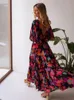 Boho Floral Printed V-ringning Kort ärm Självbälte bomullsklänning Tunika Kvinnor Sommarkläder Street Wear Maxi Dresses A1341 220510