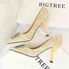 BIGTREE Rhinestone Women Shoes Korean Version High Heel Shallow Mix Color Metal Square Buckle Thin Heel Bride Party Club Pumps G220520