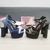 Frauen 2022 Sommer Neue Designer Plattform Hohe Klobige Ferse Sandale Damen Elegante Offene spitze Knöchel Schnalle Denim Slipper Schuhe