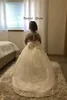 Ucuz Fildişi Uzun Kollu Balo Dantel Çiçek Kız Elbise 2022 Papyon Geri Payetler Prenses Kız Elbise Robe Princesse Enfant