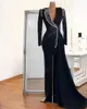 Black Mermaid Prom Dresses Princess V Neck Appliques Sequins Pearls Satin Lace Long Sleeves Front Slit Floor Length Party Gowns Plus Size Custom Made