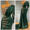 Sexy Satin Dark Green Mermaid Evening Dresses Wear With Gold Lace Appliques Pearls Beads One Shoulder Pleats Long Formal Ocn Prom Gowns Vestidos De Fiesta 403