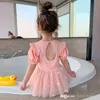 2022 Baby Girls Cartoon Baddräkt One-Piece Fashionable Princess Barn Bowknot Gaze Kjol Swimwear Short Sleeve Ruffle Swan Tulle Bad kostym S2129