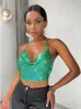 Sruby Sexy Party Crop Top Sequined Halter Kvinnor Sommar Beach Club Backless See Through Ladies s 220318