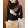 Women's Blouses & Shirts Korean Style Fashion Turtleneck Pullover Tops Long Sleeve Black Mesh Blouse Women Drill Slim Udershirt Blusa MujerW