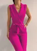 Sexigt svart kontor Jumpsuit Lady Elegant Pocket Metal-knapp Bodycon PlaySuit Casual ärmlös snörning Romper Overalls 220714